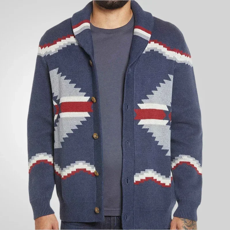 

2025.Men Turn Down Collar Cardigan Sweaters Coat Full Sleeve Single Breasted Geometri