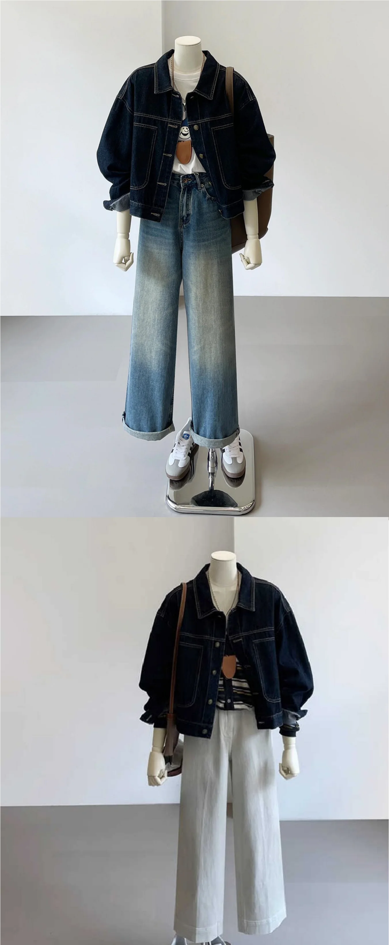 Damen Herbst- und Winterjacke im Hongkong-Stil, Marineblauer Revers-Mantel, BF-Style Locker Sitzende Retro-Arbeitsjacke, Lässiger Koreanischer Stil Gewaschener Denim-Oberteil – Detail 3