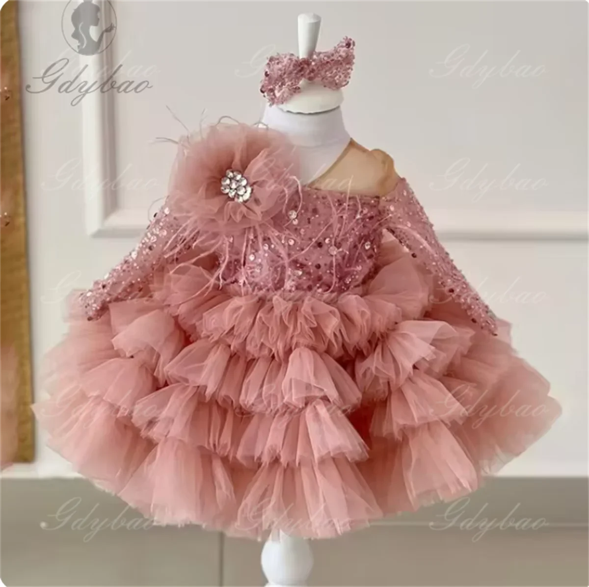 Peach Pink High Low Tutu Tulle Kid Long Sleeves Formal Dresses Shiny Daughter Birthday Party Dresses Tiered Tulle Child Dress