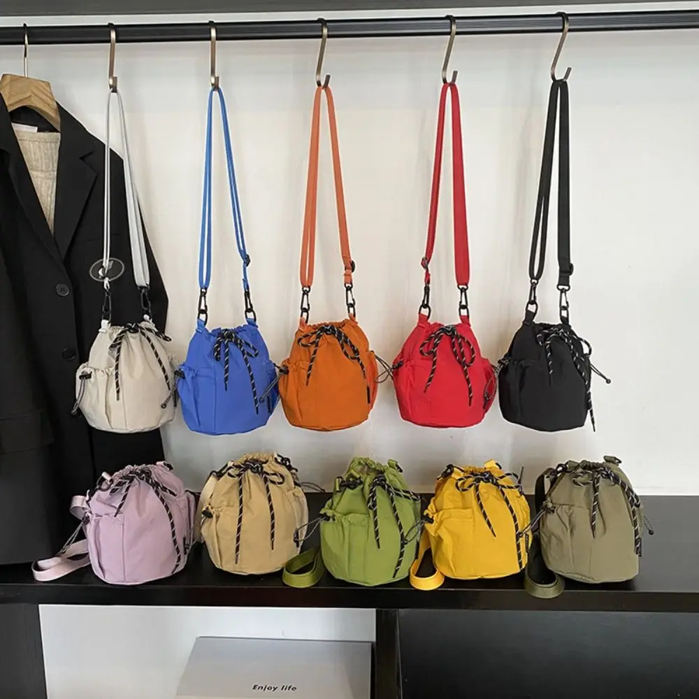 

Cute Korean Style Drawstring Bucket Bag Handbag Purse Nylon Shoulder Bag Mobile Phone Bag Solid Color Small Crossbody Bag Girls