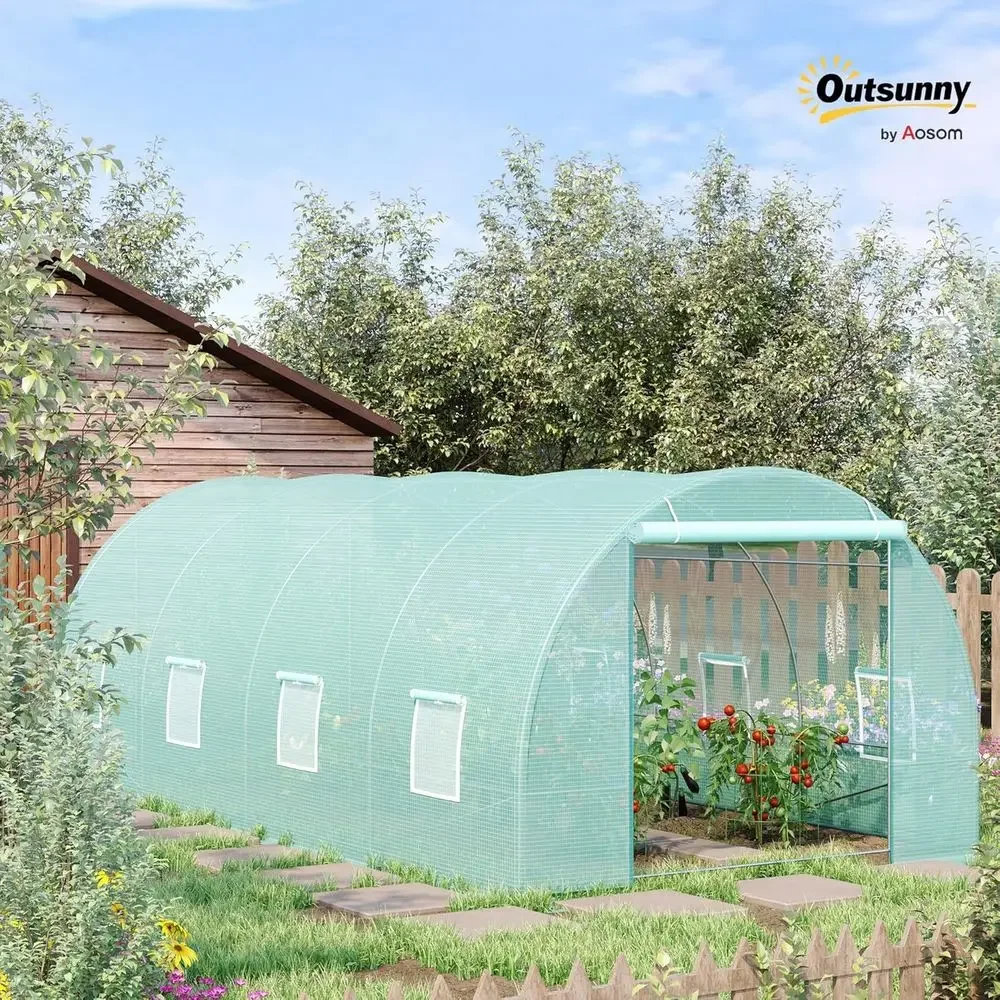 20' x 10' x 7' Walk-in Greenhouse Tunnel with Zippered Door and 8 Mesh Windows, Large Garden Greenhouse Kit, Galvanized Steel Fr