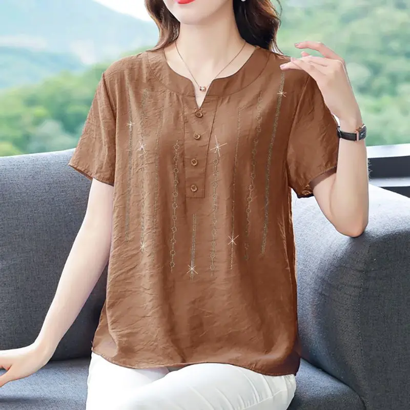 Summer New Middle-aged and Elderly Women\'s Clothing V-Neck Short Sleeve Spliced Button Solid Color Printed Commute POLO Shirt