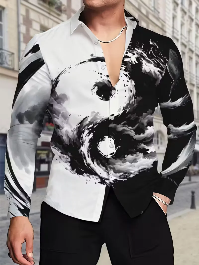 قميص رجالي كاجوال بأكمام طويلة مطبوع عليه زهور ثلاثي الأبعاد بتصميم أبيض وأسود، قميص كاجوال بأزرار سفلية