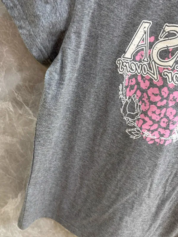 ay Rose Print Letter Kasual ort Sve T-irt Wanita Faion Ele Sle Commute Sle round Ne ort Length