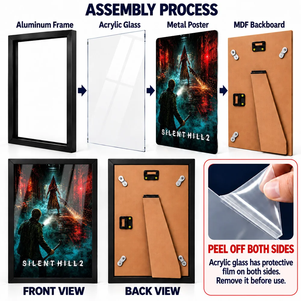 Silent Hill 2 Pyramid Head Encounter Game Framed Aluminum Metal Poster Customized Dark Horror Illustration Wall Art For Bedroom