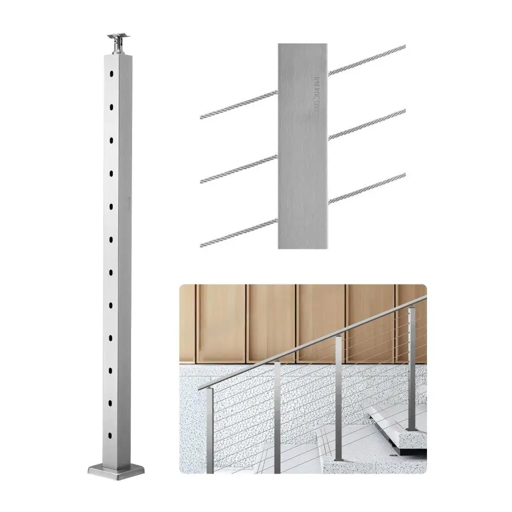 

Stainless Steel Stair Railing Post 42 Inch with Pre-Drilled 30 Degree Angled Holes Horizontal and Curved Bracket Silver