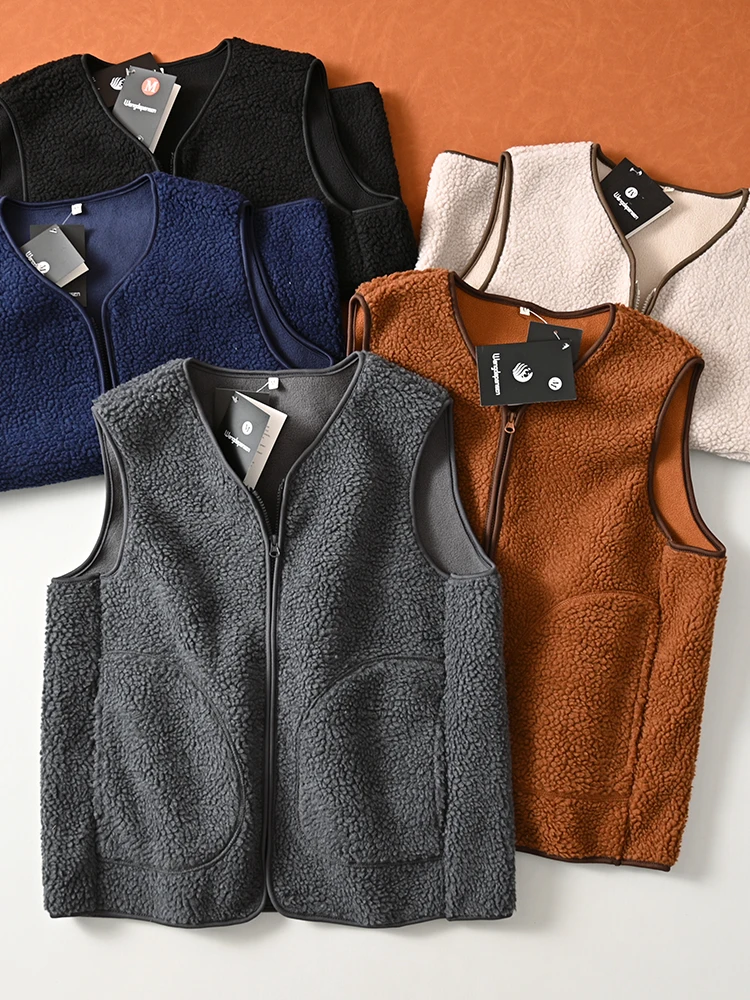 

ex Outdoor Fce Vest Double-Sided Lamb Velvet Warmth Faionable Urban Sle V-Ne Thiened Stand Fit Casual Wear
