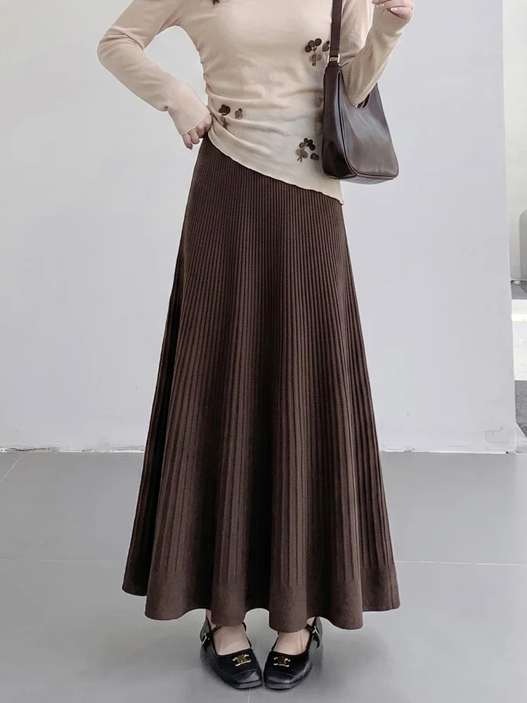 2026 Fall Winter Gentle Knitted Pleated Women Maxi Skirts High Waist Draped Heavy‑Weight A‑Line Flowy Swing Versatile Half Skirt