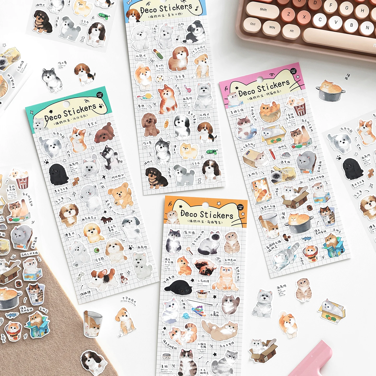 1 feuille d'autocollants découpés à la forme de chat et de chien de dessin animé Kawaii, autocollants esthétiques pour DIY, journal, scrapbook, coque de téléphone