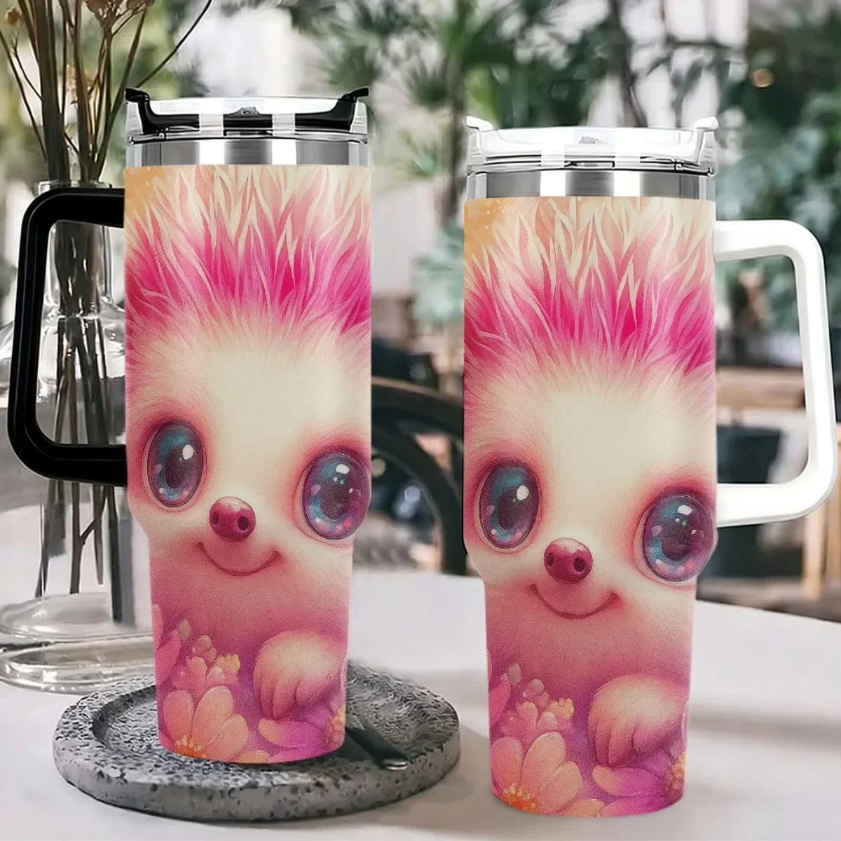 1pc 40Oz Adorable Hedgehog Floral Vacuum Cup Mug - Vacuum-Sealed Stainless Steel Water Bottle Featuring Straw & Handle, Leakproof Flip Top - Maintains Beverage Temperature for Hours in Pastel Pink, Blue, Purple, Yellow, And Orange