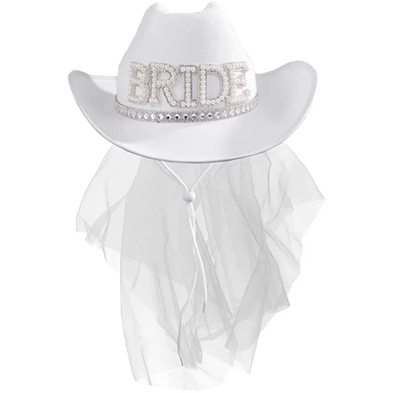 Sombrero de velo de vaquero blanco para novia, sombrero de vaquera de boda con diamantes de imitación de perlas, despedida de soltera de Bach,