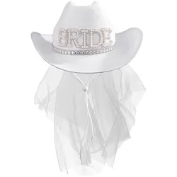 Bruid Witte Cowboy Sluier Hoed Parel Strass Bruiloft Cowgirl Hoed Bach Vrijgezellenfeest Bruidsdouche Decoratie Cadeau