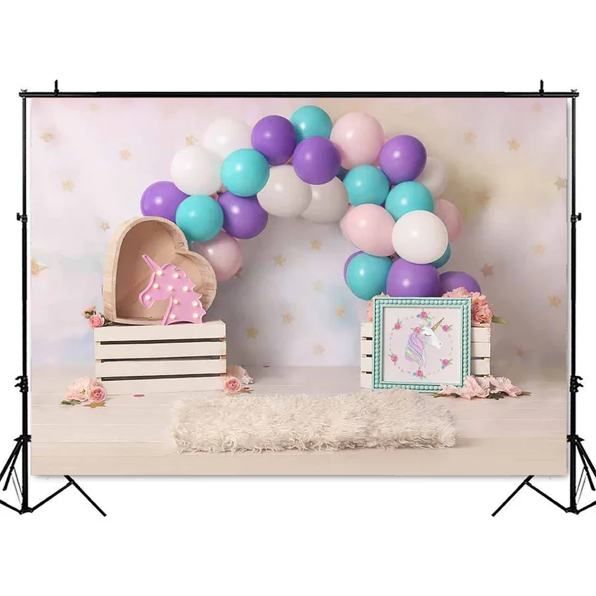 يونيكورن موضوع الأطفال حديثي الولادة صورة التصوير خلفية الأطفال كابينة تصوير خلفية استوديو كعكة سحق عيد ميلاد استحمام الطفل
