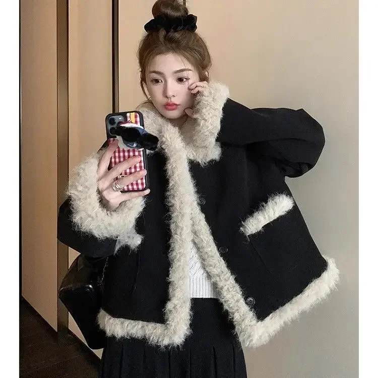 

Осенне-зимнее модное новое женское пальто из овечьей шерсти, свободная хлопковая куртка, короткая куртка