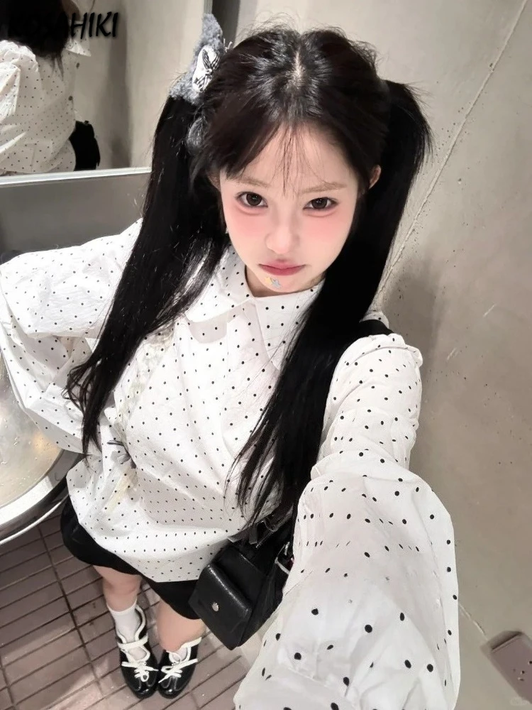

2025 Y2k Aesthetic Polka Dot Casual Women Blouse Vintage Single Breasted Sweet Blusas Preppy Style Doll Collar Loose Grunge Tops