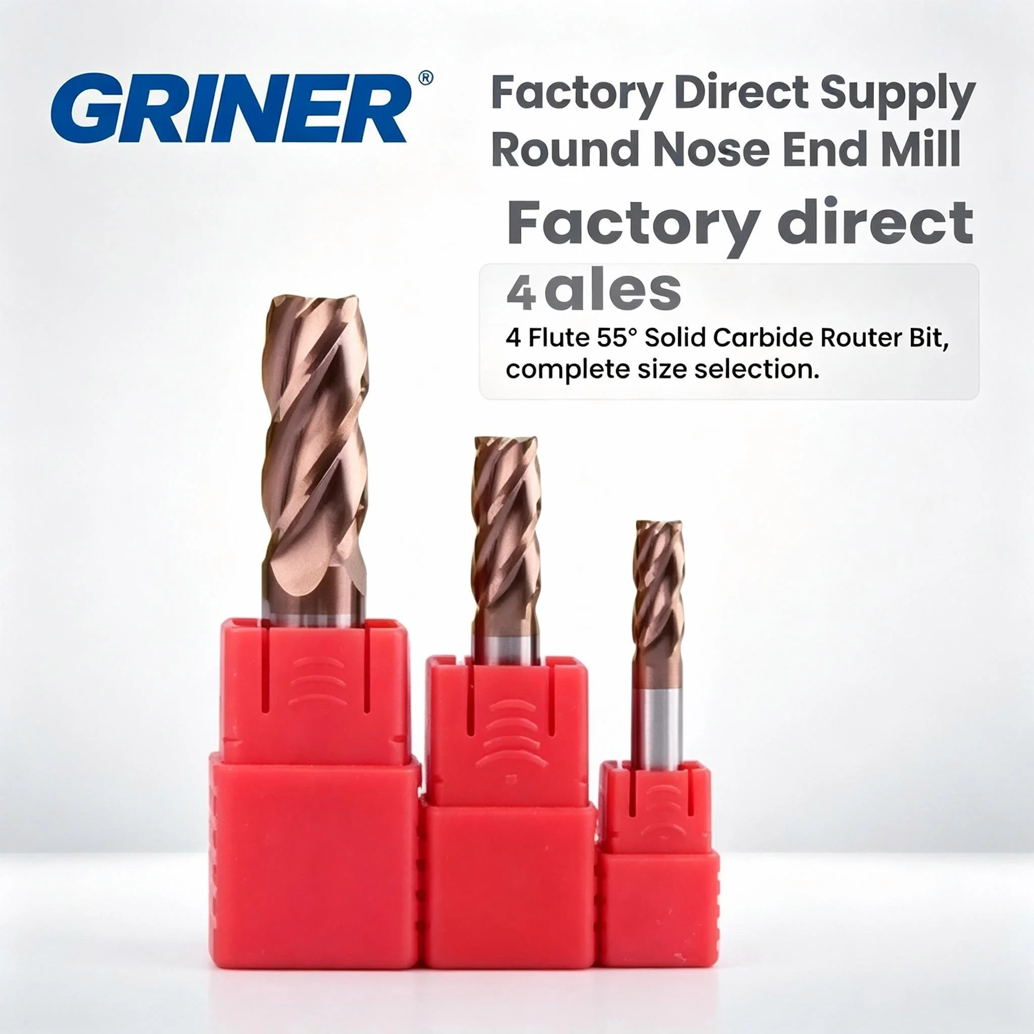 GRINER 4 Flutes Corner Rounding End Mill R0.5-R6.0, 55 HRC Solid Carbide Bull Nose Milling Cutter, Coated Straight Shank Extende