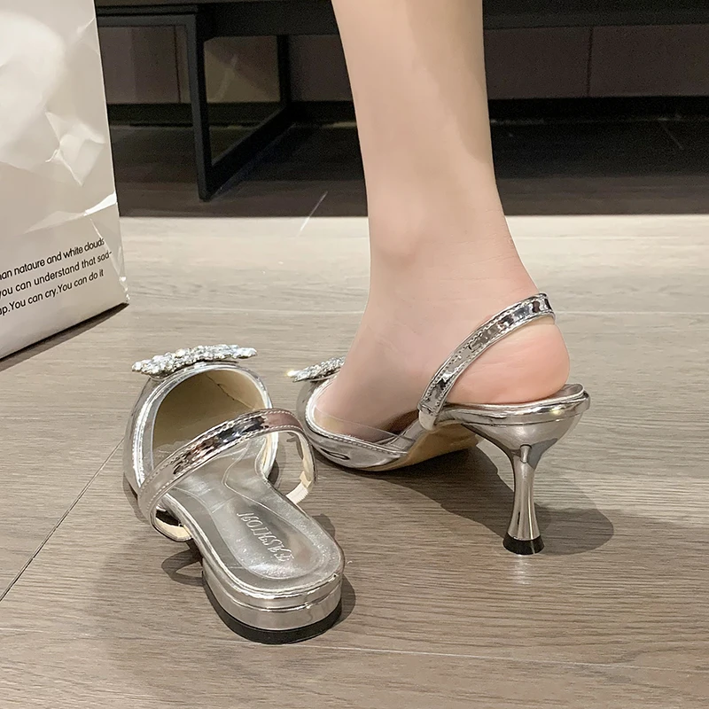 New Brand Designer Silver High Heels Sandals Women Summer Crystal Square Buckle Sandals Woman Pointed Toe Slingbacks Party Shoe