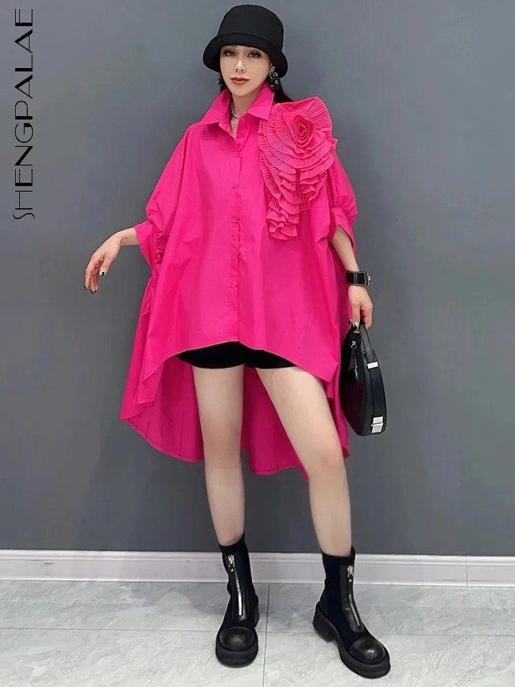 SHENGPALAE 2025 Spring New Long Shirt Irregular Feeling Bat Sleeve 3D Flower Fashion Loose Covering Meat Women's Clothes 5R9750