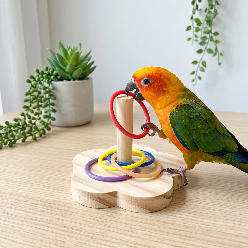 1PC Wooden Parrot Intelligence Training Toy Colorful Ring Toss Desktop Puzzle for Budgie Cockatiel Conure Cage Accessories Wares view 3