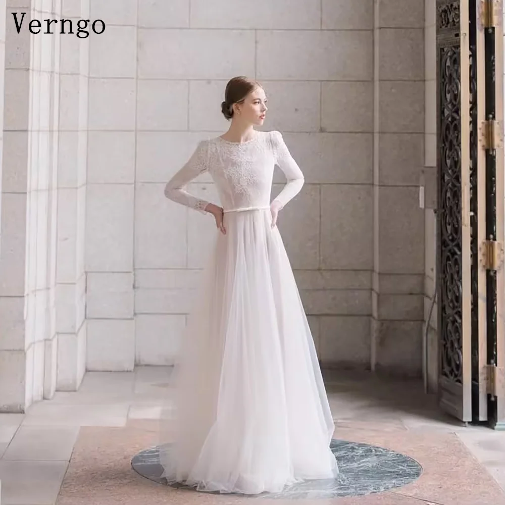 

Verngo White Tulle Evening Dresses High Neck Full Sleeve A Line Prom Gown Elegant Formal Occasion Dresses Customized