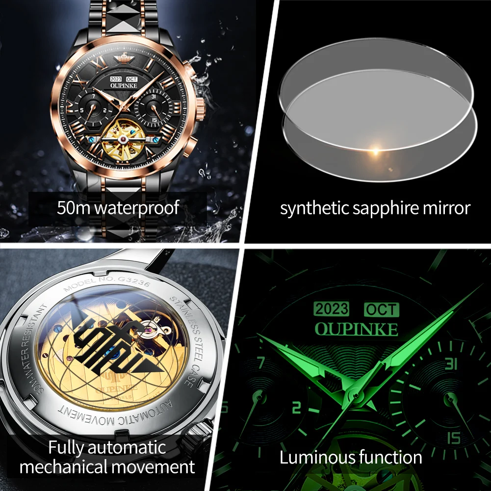 OUPINKE Men\'s Mechanical Watch Original Skeleton Waterproof Luminous Sapphire Tungsten steel Date Automatic Watch for Men Luxury