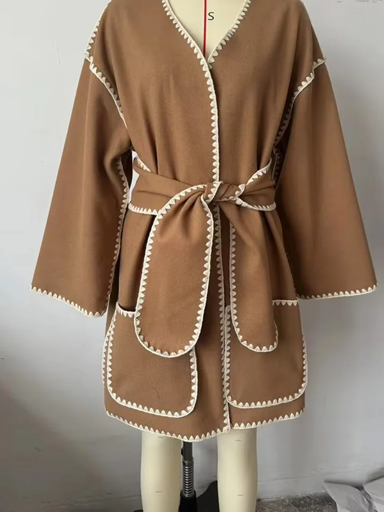 HH Giacca da donna versatile con scollo a V, cintura artigianale, giacca di lana, cappotto decorativo tascabile casual da strada autunnale femminile