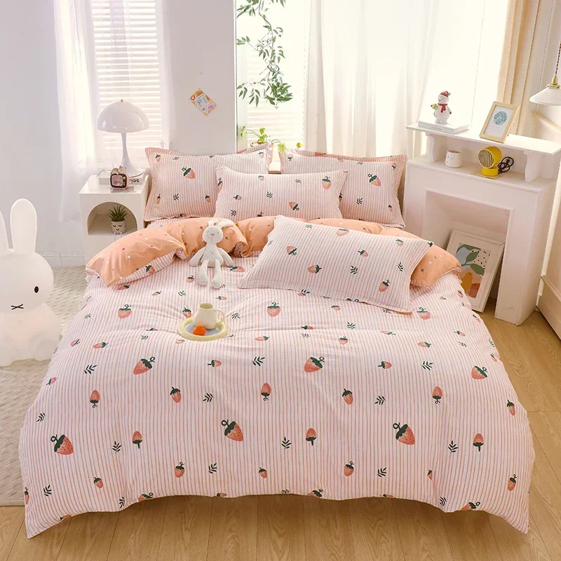 Cute Strawberry and Striped Duvet Cover Cotton Kawaii Bedding Set Soft Reversible Botanical Comforter Cover with 2 Pillowcases