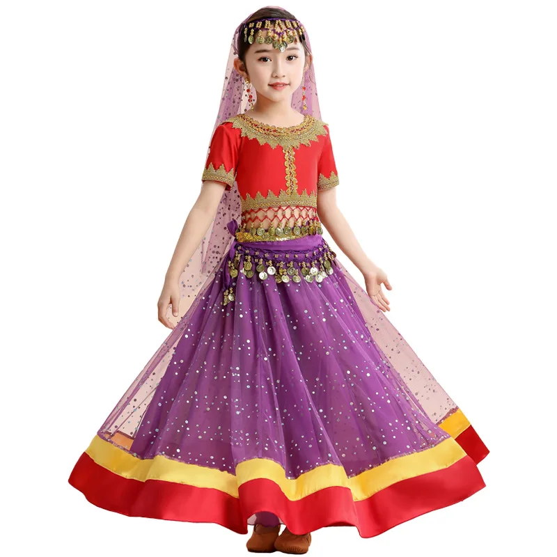 

Children Halloween Costume Indian Sari Dance Folk Dance Bollywood Outfit Group Performance 4pcs Set (Top Belt Skirt Veil)