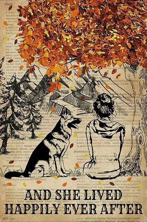 Retro Tin Signs Vintage Style and She Lived Happily Ever After Girl with German Shepherd Fall Tree Dog Metal Sign Aluminium for