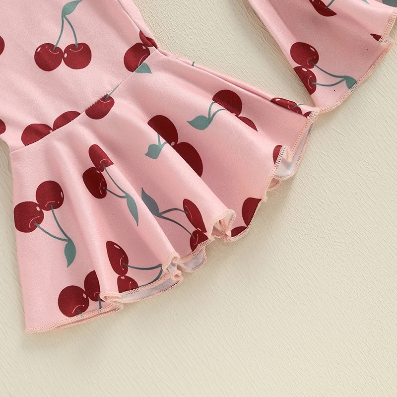 Completi estivi per bambina da 0-18 mesi, pagliaccetto a maniche corte con pantaloni svasati con motivo ciliegia/fragola e fascia per capelli con fiocco, set da 3 pezzi