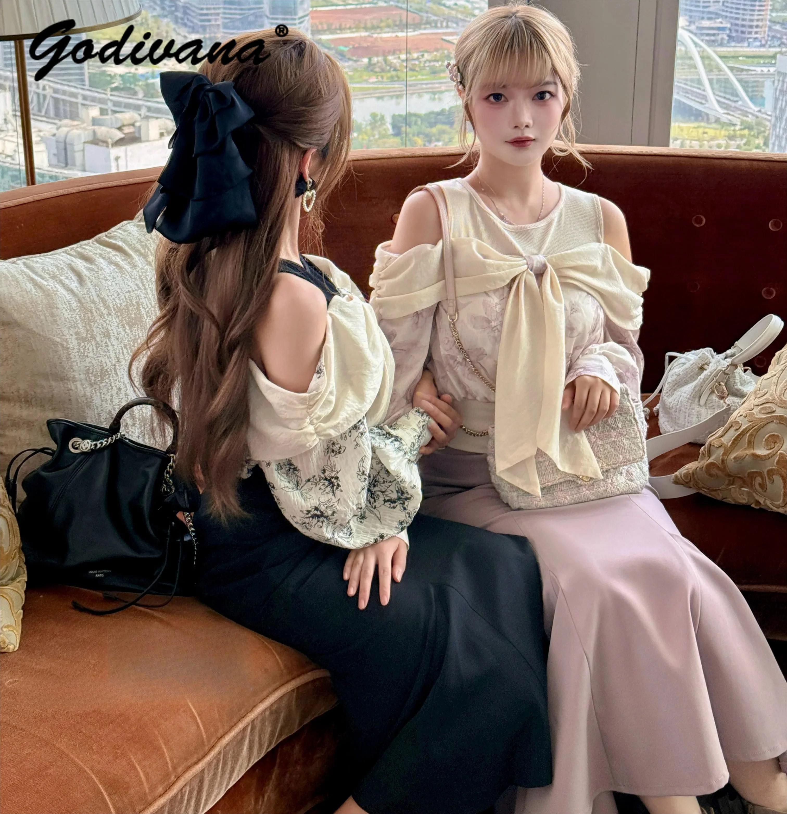 Original Japanese Style Sweet Skirt Set Ladies Elegant Big Bow Off Shoulder Long Sleeve Top and Fishtail Skirt 2 Piece Set