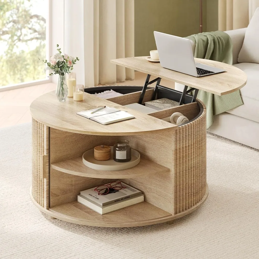 

Round Lift Top Coffee Table, 34.6" Modern Coffee Table with 180° Curved Sliding Door, Fluted Accent Coffee Tables with Hidden St