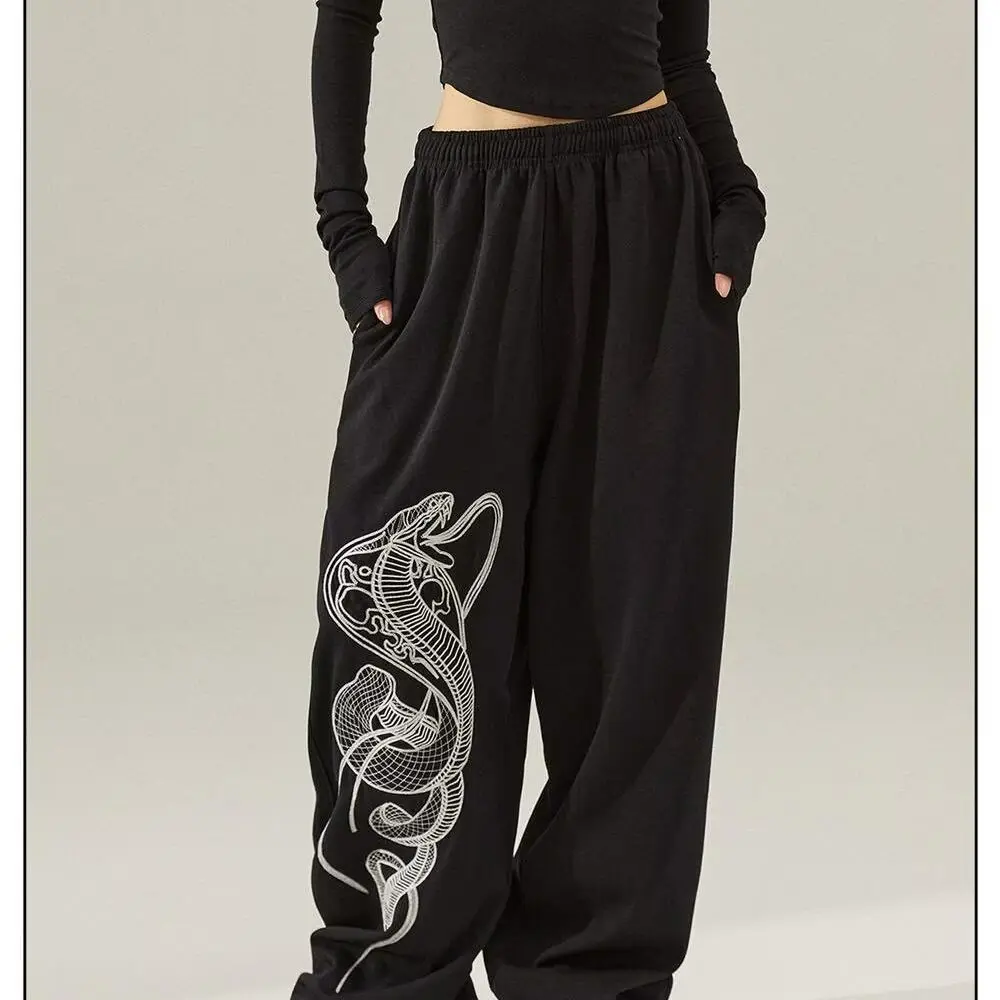 

American Snake Print Drape Black Sportswear Pants, Jazz Street Dance Trendy Casual Sweatpants, Straight-leg Wide-leg Pants