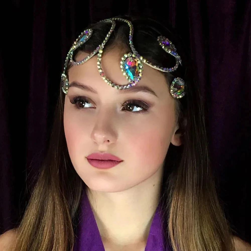 Elegant Belly Dance Headband Tiaras Water Drop Hair Accessories Fashion Women Colorful Rhinestone Headpiece Ballroom Jewelry