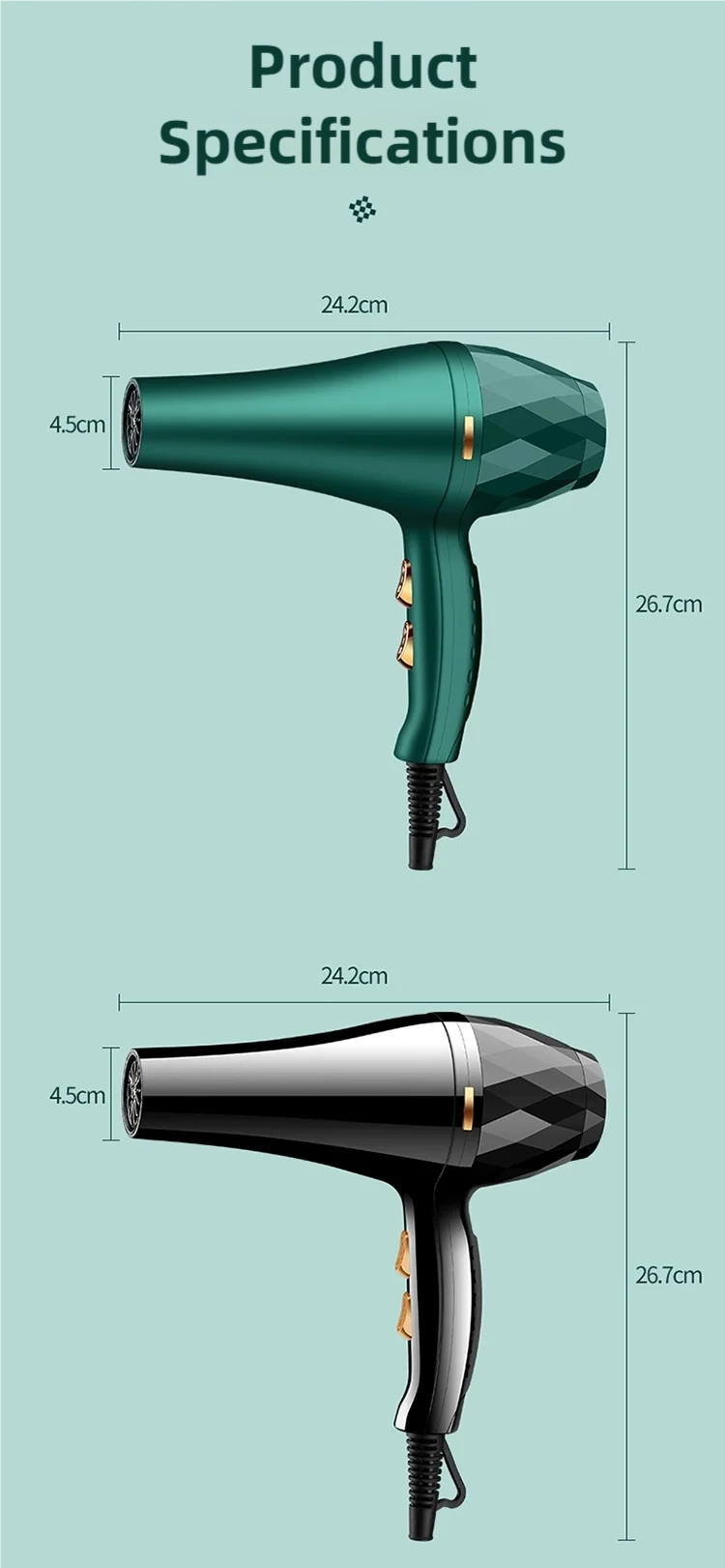 TINSOL Professioneller Haartrockner, leistungsstarker Haartrockner mit negativen Ionen, Heiß- und Kaltfunktion, extrem leise, für Styling im Haushalt und im Salon. – Detail 12