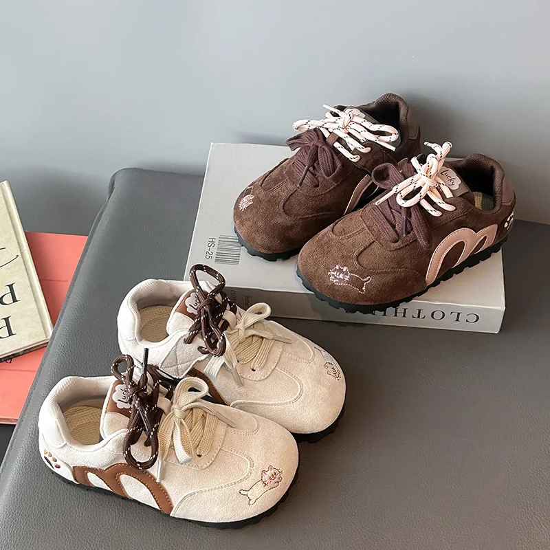 Toddler Girls Retro Casual Shoes, Cute Paw Embroidery, Lace-up Design, Non Slip Flat Sole, Sweet Shoes for Daily Matching