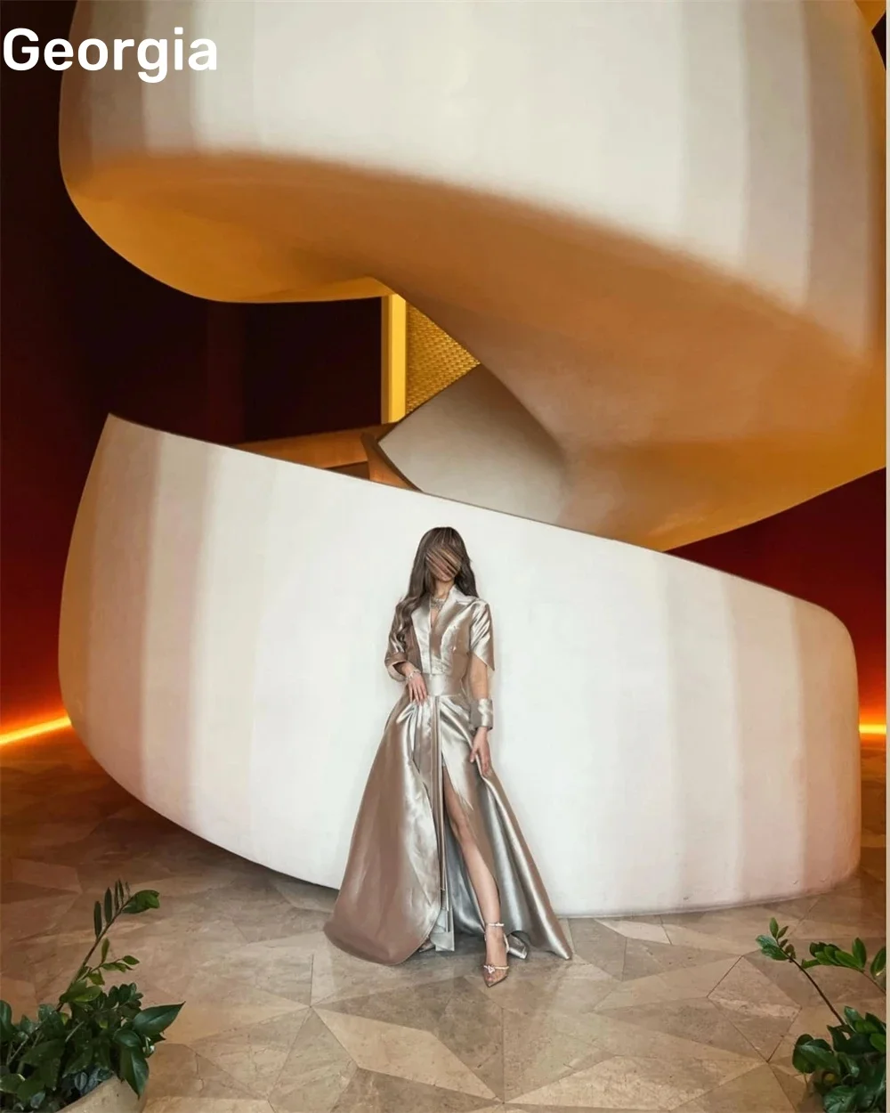 Customized Cocktail Dresses A-Line V-Neck Floor-Length Luxury Evening Dresses Ruffle Zipper Up Long Sleeves Dresses For Special