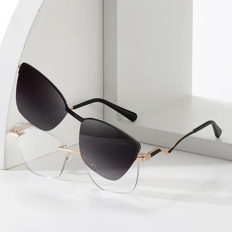 EYORA Rimless Cat Eye Women Glasses Magnetic Clip Polarized Sunglasses Hyperopia Anti Blue Ray Progressive Photochromic Eyewear