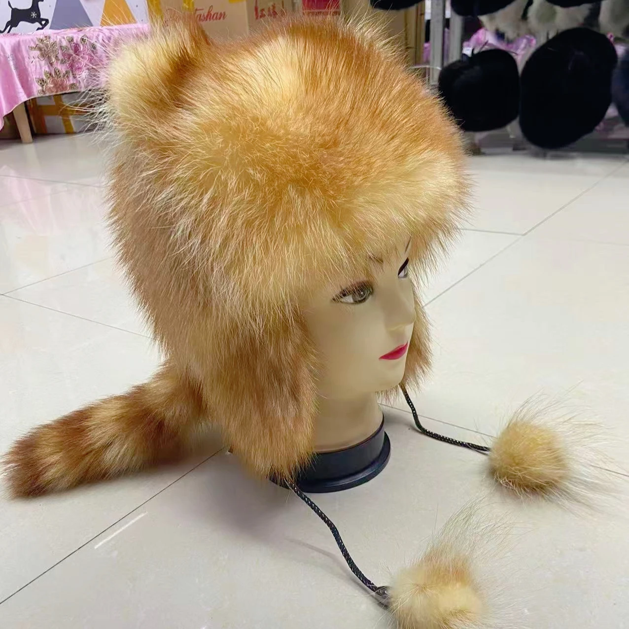 Winter Warm Fur Hat Women Gold Bomber Tail Ears Earflap Snow Cold Hat