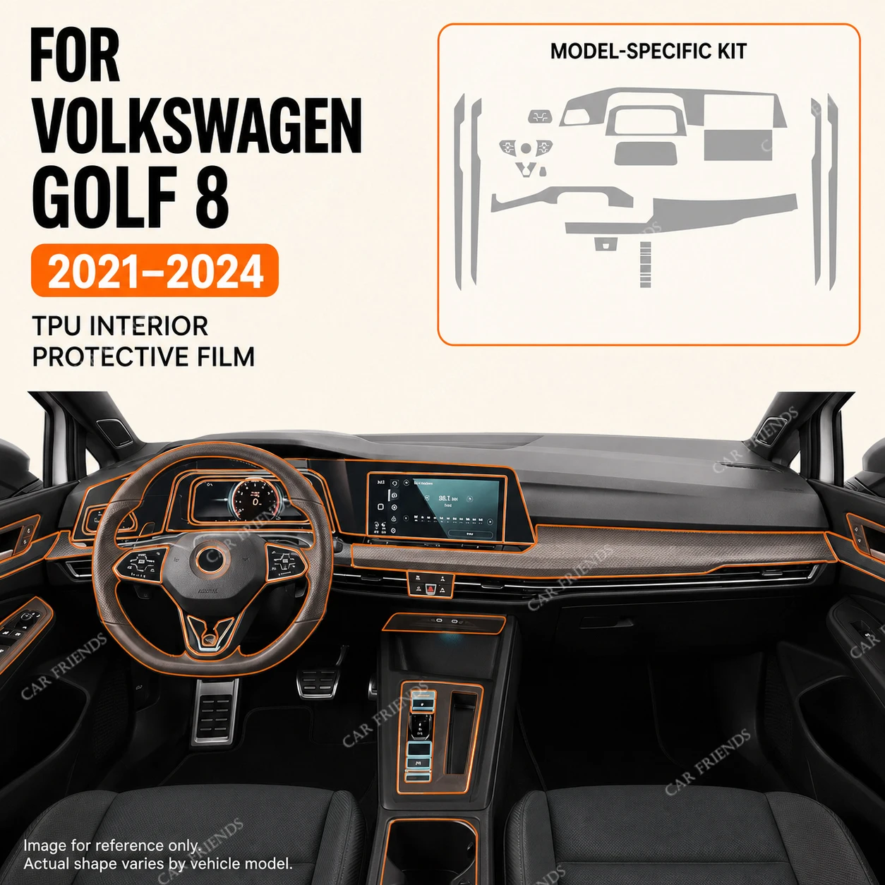 For Volkswagen Golf 8 Transparent TPU Interior Trim Protective Film Center Console Screen Dashboard Gear Door Window Panel Set