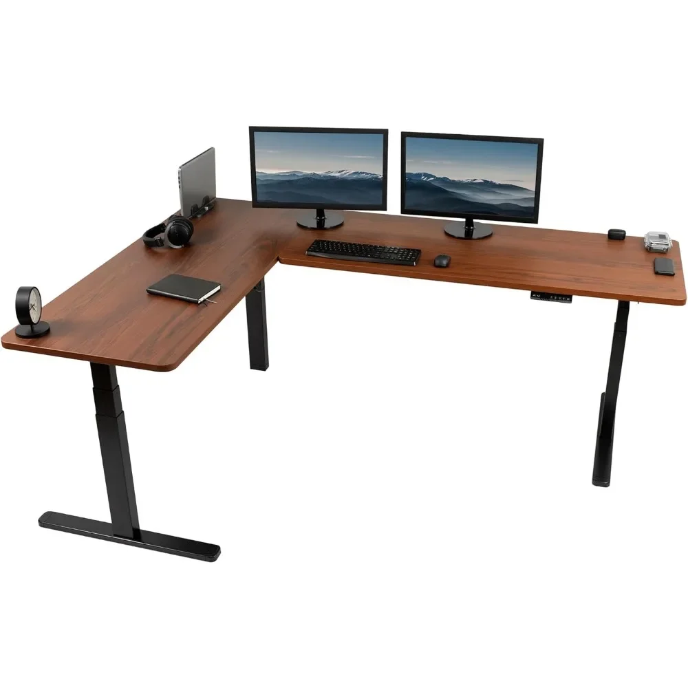 Electric Height Adjustable 83 X 60 Inch Corner Stand Up Desk, 2 Dark Walnut Solid Table Tops,  Memory Controller, L-Shaped Table