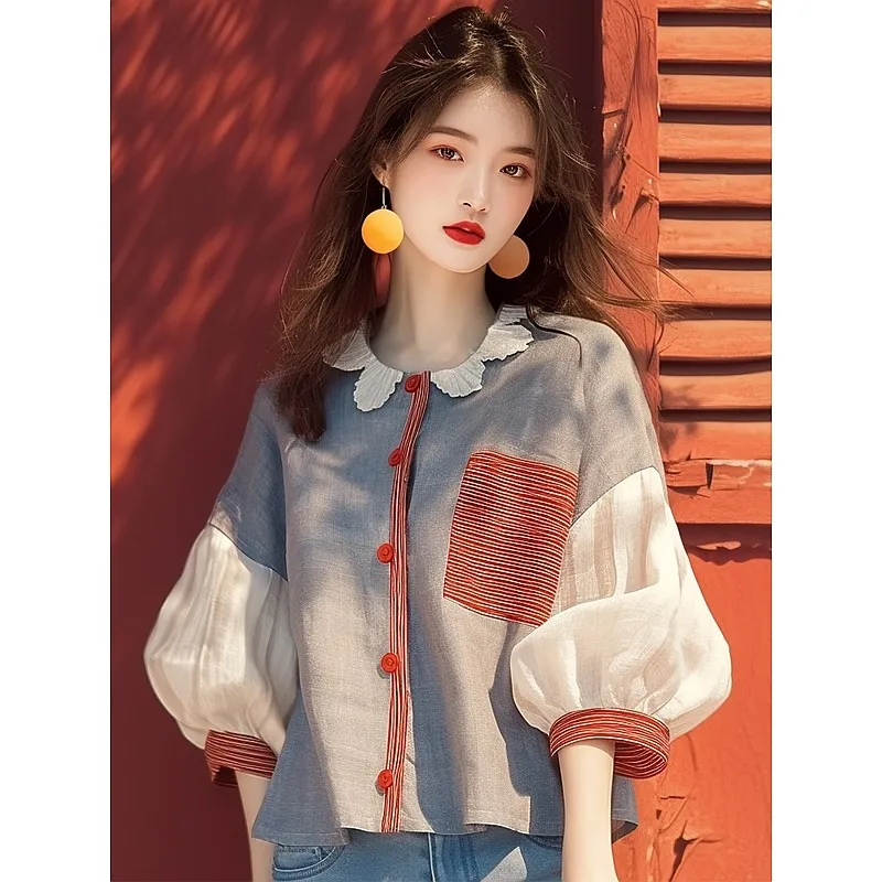 

Unique Beautiful Blue Lantern Sve Long Sve irt Korean Sle Sweet Sle Straight Cut Print Fabric Thin Polyester Spri...