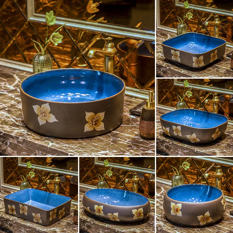 

Gold mosaic design Oval basin washbasin Jingdezhen Art ceramic wash basin vessel sinks countertop Bathroom sinks