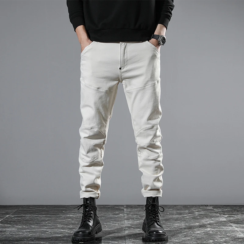 

New American 98% cotton high-end personality splicing men's jeans white fashion leisure Slim small straight biker trousers