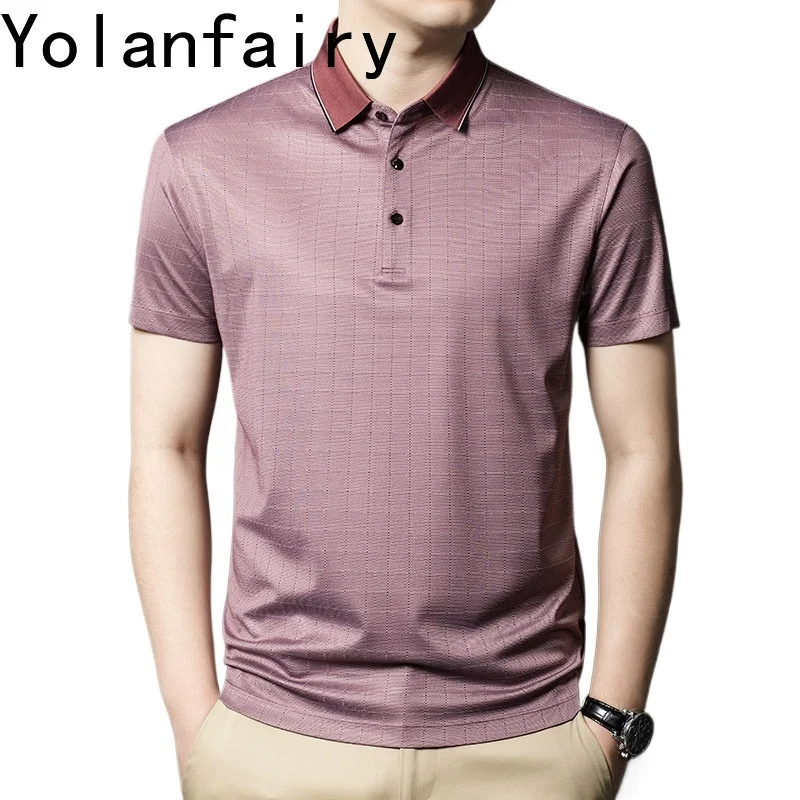 

YOLANFAIRY 13.4% Mulberry Silk Tshirts for Men Polo Shirt Summer Clothes Men Plain T-shirt Polo Manches Courtes Loose Fit Tops