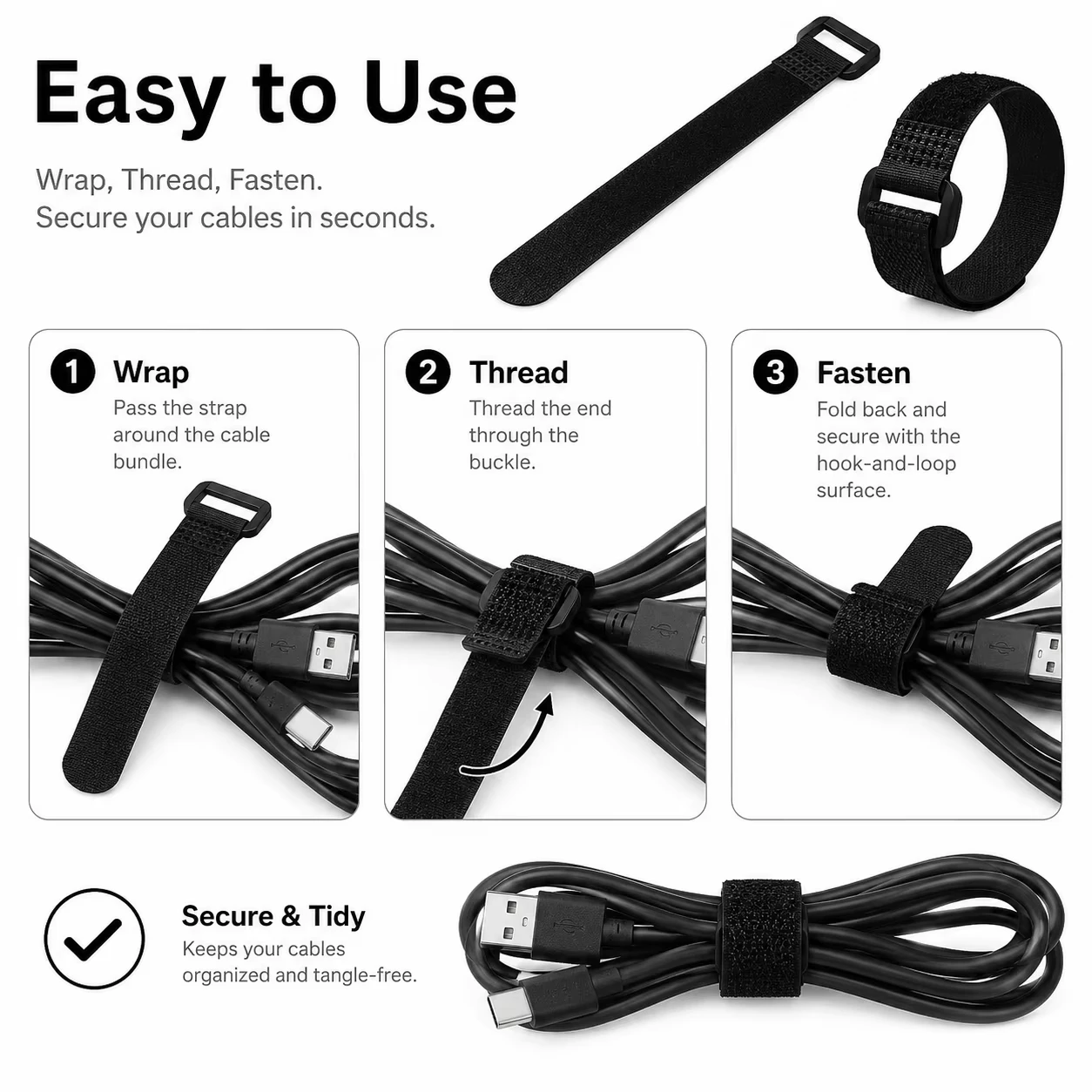 Wiederverwendbare schwarze Nylon Klettgurte verstellbare Befestigungsbänder für Kabel Mehrzweck‑Bänder für Schnüre Kabelanordnung für Zuhause Schreibtisch Büro praktisches Zubehör zum Ordnen von Kabeln elektronischer G – Detail 4