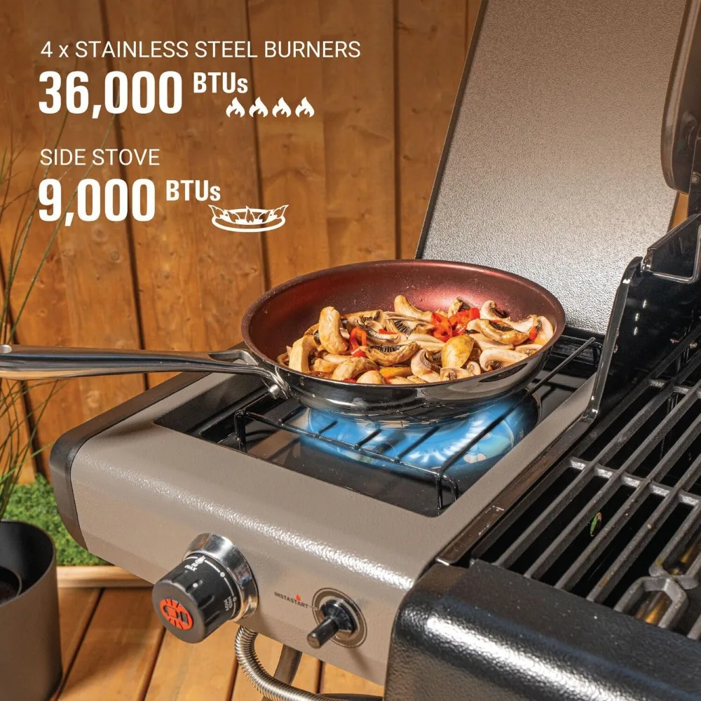 Propane BBQ Gás Grill com queimador lateral, carrinho de 2 rodas, 637 Sq, 4 queimadores, 36.000 BTU superfície de cozimento e ignição Instastart