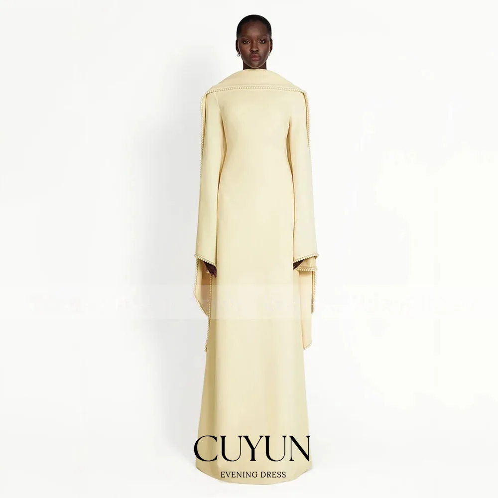 

CUYUN Скромное вечернее платье с жемчугом и круглым вырезом с длинными рукавами, элегантное трапециевидное платье для свадебных гостей для женщин с шарфом, торжественное вечернее платье