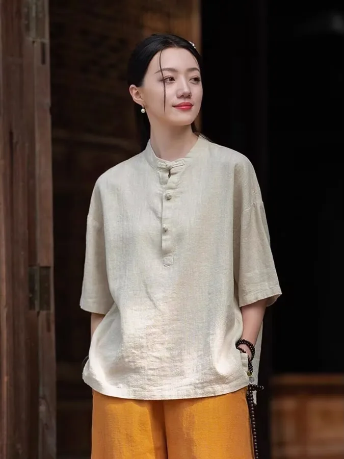 

Новая женская свободная рубашка в японском ретро-стиле, летняя коллекция 2026, повседневный топ в стиле дзен, модный дышащий хлопковый топ с коротким рукавом