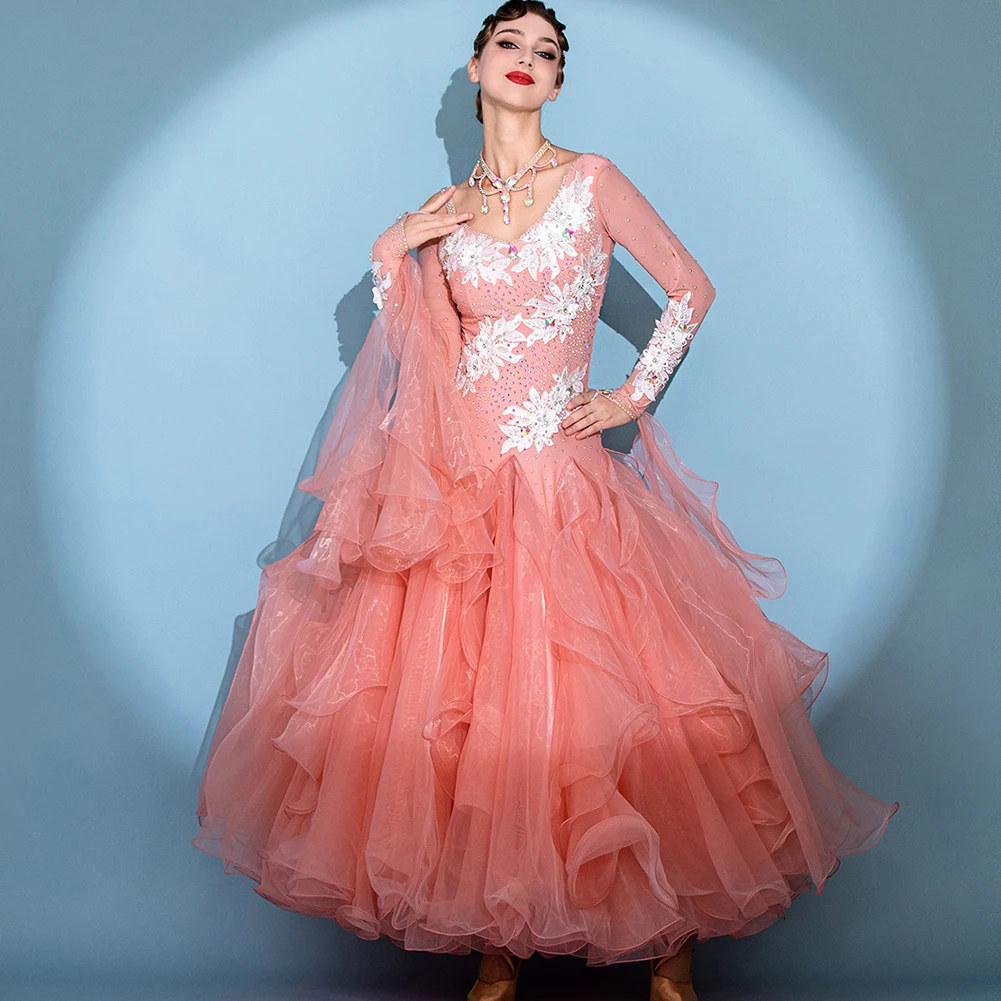 Decal Ballroom Championship High-end Flamenco กระโปรง Rhinestone สีชมพูฝึกเต้นรําชุดแขนยาวชุดเต้นรํา